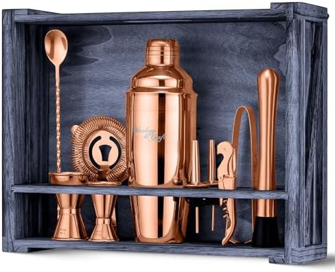 Rustic copper shaker set with wood stand