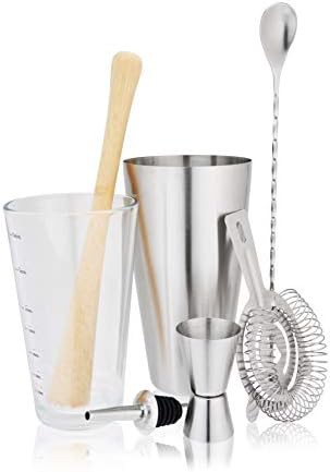 Seven piece stainless steel Boston barware set