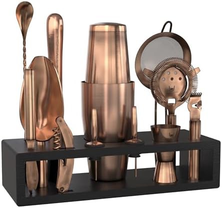 Antique Copper Boston Shaker with Black Bamboo Stand