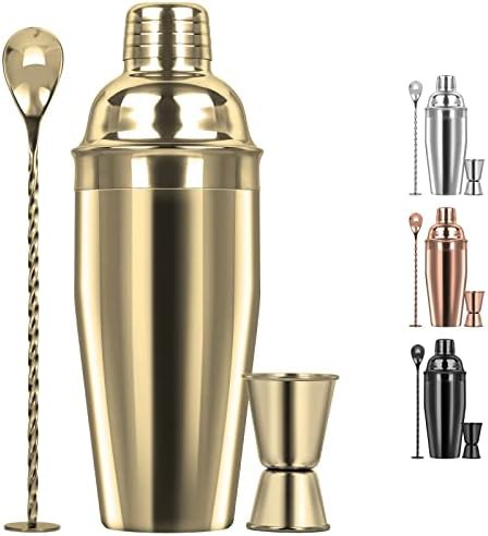Gold stainless steel martini shaker with strainer