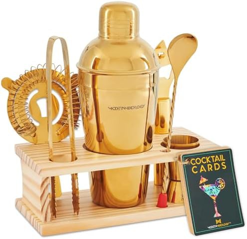 Gold martini shaker set with pine stand