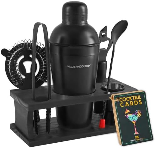 Black martini shaker set with pine stand
