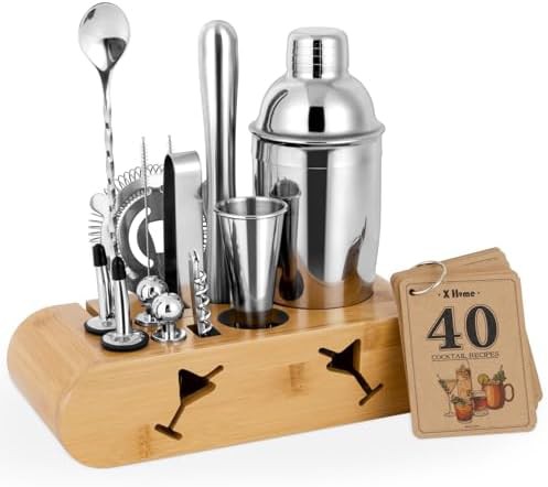 Silver stainless steel cocktail shaker with bamboo stand