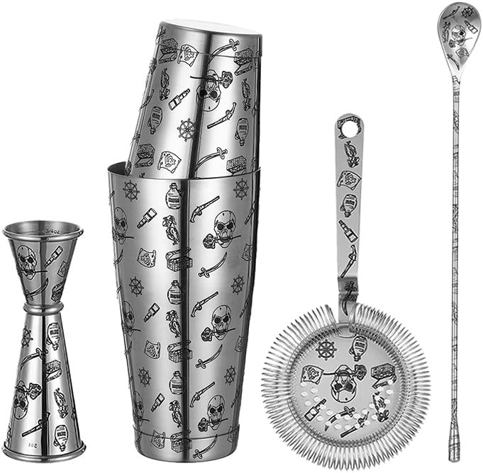 Black 18 oz Boston cocktail shaker set with skull rose