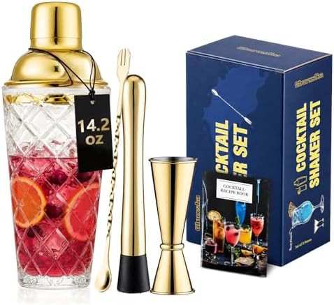 Glass and Gold Shaker with Muddler and Spoon