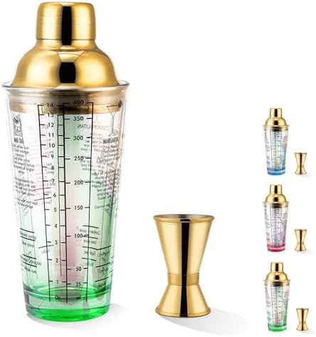 Green glass martini shaker with gold accents