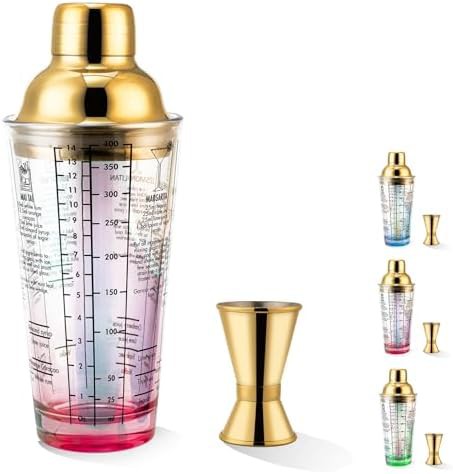 Red glass martini shaker with gold accents
