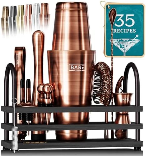 Copper Boston shaker set with black wood stand