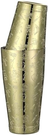 Gold weighted Boston cocktail shaker with tiki graphic