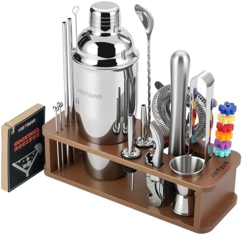 Brown bamboo stand cocktail shaker set