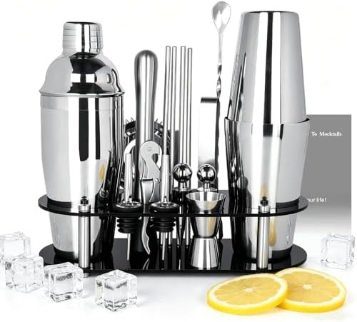 Seventeen piece bartender kit with black stand