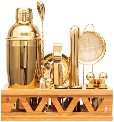 Gold thirteen piece bar set with stand