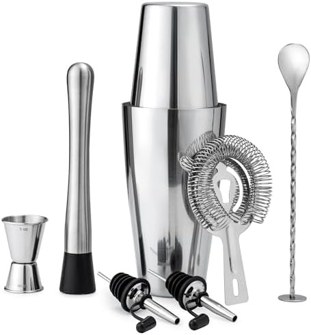 Eight piece stainless steel Boston shaker set