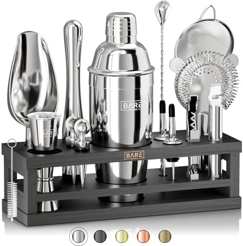 Silver cobbler cocktail shaker set with stand