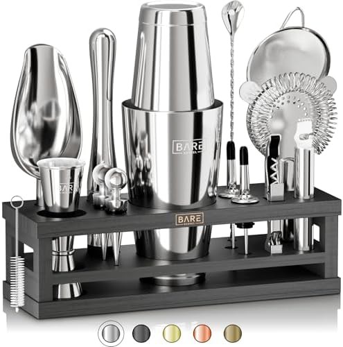 Silver Boston cocktail shaker set with stand