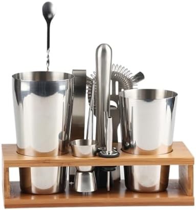 Ten piece Boston shaker with wooden stand