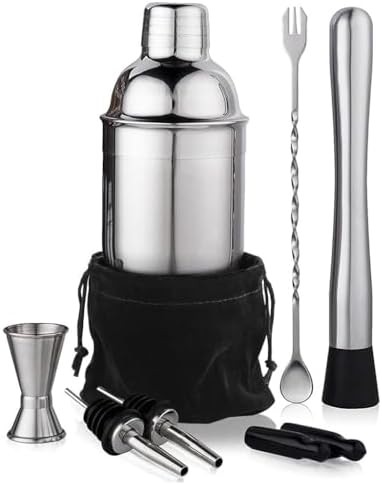 Eight piece stainless steel martini shaker set