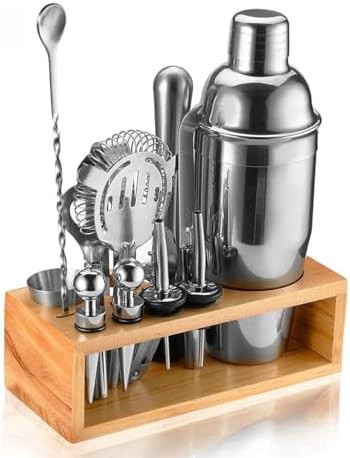 Twelve piece glass and stainless steel shaker