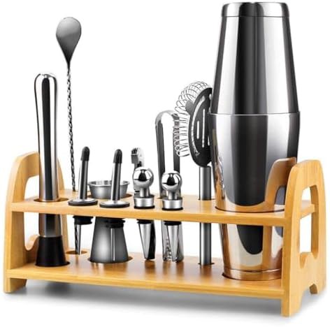 Thirteen piece Boston shaker with wooden stand