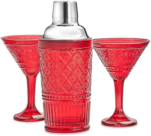 Godinger red crystal cocktail shaker and glasses