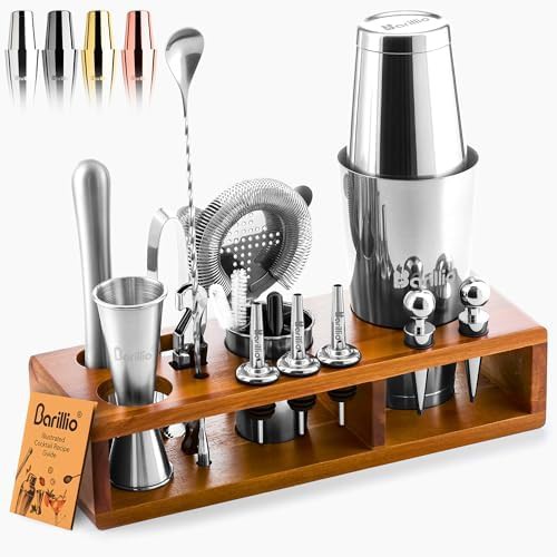 Stainless steel shaker set with acacia stand