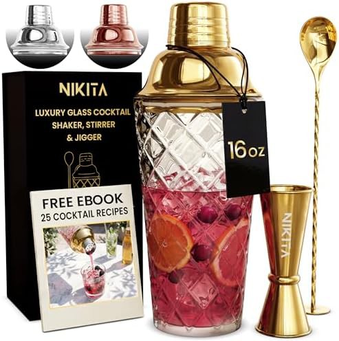 Gold glass cobbler shaker with five piece kit