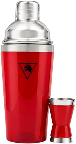 Red stainless steel cobbler shaker with jigger