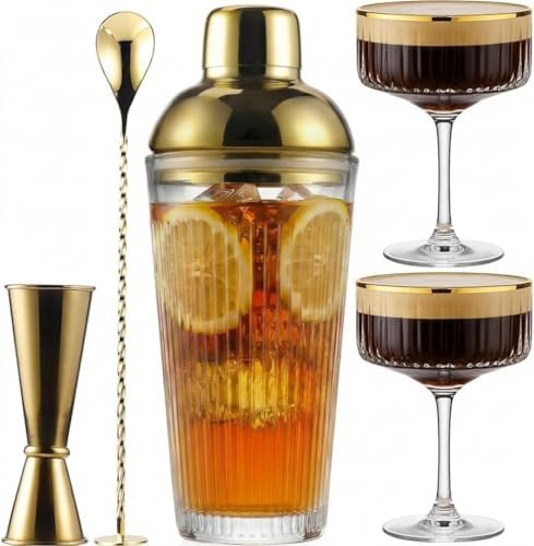 Gold Stainless Steel Shaker with Coupe Glasses