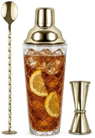 Glass cocktail shaker with gold steel lid